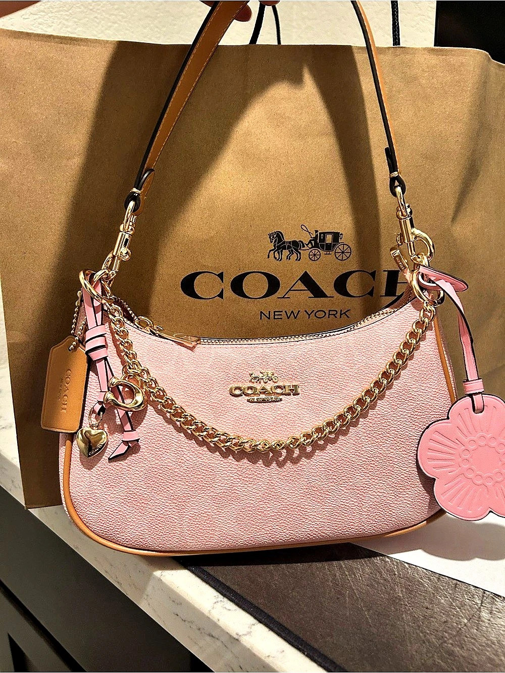 Coach Teri Shoulder Bag In Signature Canvas With Charms Pink & Brown